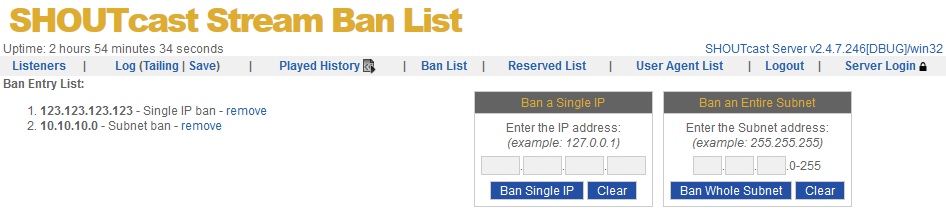 Stream Ban List Page